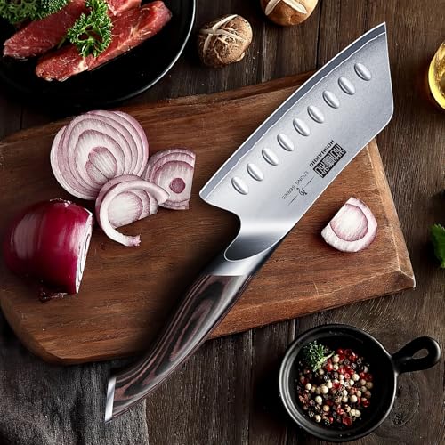 HOSHANHO 12.7cm(5인치) 일본 셰프 나이프, 매우 날카로운 고탄소 스테인리스 스틸 주방 칼, 인체 공학적 파카우드 손잡이가 있는 전문 산토쿠 나이프 - size: 5"