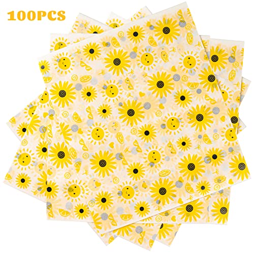 100 Pcs Wax Paper Sheets for Food, Sunflower Wax Papers for Food Sandwich Wrap Paper Deli Wraps, Waterproof Oil-proof Picnic Basket Liners with Sunflower Pattern for Kitchen Handmade Food - color: Sunflower
