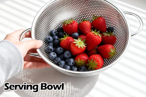 Leonyo Stainless Steel Colander Strainer for Kitchen Set of 3(1-3-5Quart) | Micro-Perforated Metal Strainers and Colanders with Handle for Kitchen Draining Pasta Rinsing,Steaming,Dishwasher Safe