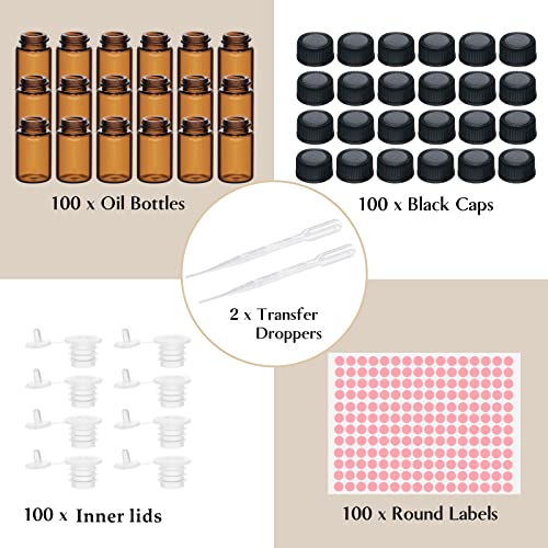 TUZAZO 100Packs Essential Oil Sample Bottles 2Ml Drams Amber Glass Vials with Caps, Orifice Reducers, Labels and Transfer Droppers, Mini Anointing Oil Bottles 0.068OZ