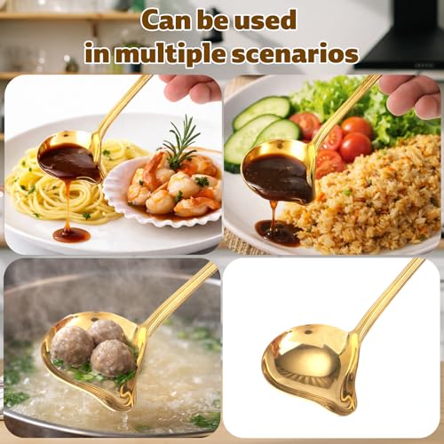3pcs Sauce Ladle with Pouring Spout, Gold-Colored Stainless Steel Gravy Pour Ladle Spoon Sauce Drizzle Metal Punch Spoon with Spout for Serving Soups Spooning Gravies Dressings Kitchen Utensil