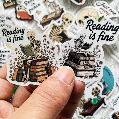 56PCS Gothic Skeleton Bookish Stickers – Funny Reading Quotes Vinyl Decals for Book Lovers, eBook Reader, Journal, Laptop, Scrapbook, Planner, Kindle, Water Bottles - color: Skeleton Reading