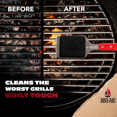 Bristle Free Grill Brush Cleaner and Scraper for Barbecue, Replaceable Head | Safe Bristle-Free Stainless Steel Scrub Pad with Heavy-Duty Scraper & Long Red Handle, Safe on Any Grill Grate - color: Red