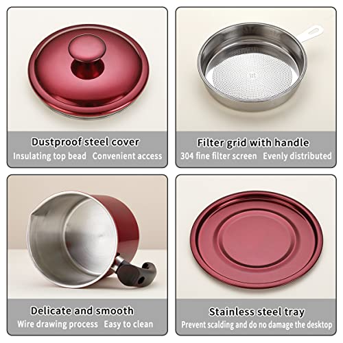 Kyraton Bacon Grease Container With Strainer, 48 oz Metal Shining Red Stainless Steel Oil Container, Pot Fat Storage With Lid, Easy Grip Handle Suitable For Storing Frying Oil And Cooking Grease - color: 4.Metal Red