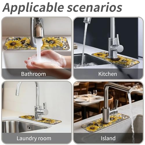 Kitchen Sink Splash Guard,Sunflower-with bumblebees Faucet Mat Sink Gadgets-Super Absorbent Fast Drying Mat Drip Catcher for Kitchen, Bathroom,Sink Mat, Dish Drying Mat, Bathroom(15" X 5.5" ) - color: Sunflower-with bumblebees