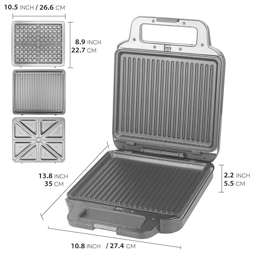 FineMade Panini Grill Press Breakfast Sandwich Maker 3 in 1, Electric Griddle Panini Press, Grilled Cheese Maker, Sandwichera Electrica, Belgian Waffle Maker with Removable Plates - style: Panini Grill Press Maker
