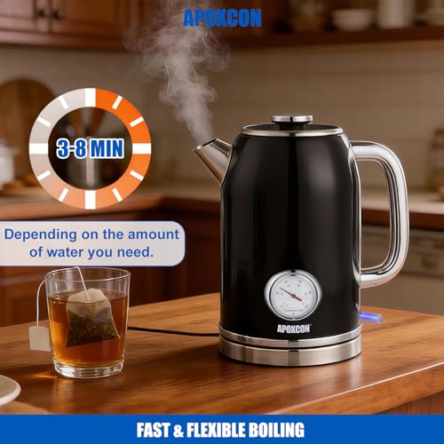 APOXCON Retro Electric Kettle with Thermometer, 1.8L Stainless Steel, Black, Cordless, 1000W Fast Boiling, Automatic Shut Off - color: Black