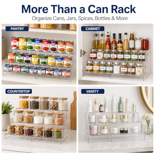 Expandable Can Rack Organizer for Pantry:3-Tier Clear Acrylic Canned Food Storage Holder, Adjustable Pantry Shelf for Kitchen Cabinet & Countertop, Holds Up to 24 Cans
