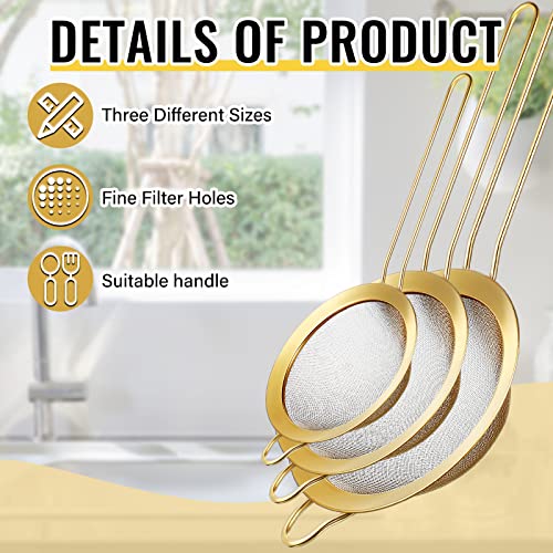 Norme 5 Quart Stainless Steel Gold Colander and 3 Pcs Gold Fine Mesh Strainer, Stainless Steel Pasta Rice Food Metal Strainer with Handles, Easy Clean and Dishwasher Safe - color: Gold, size: 5 Quart