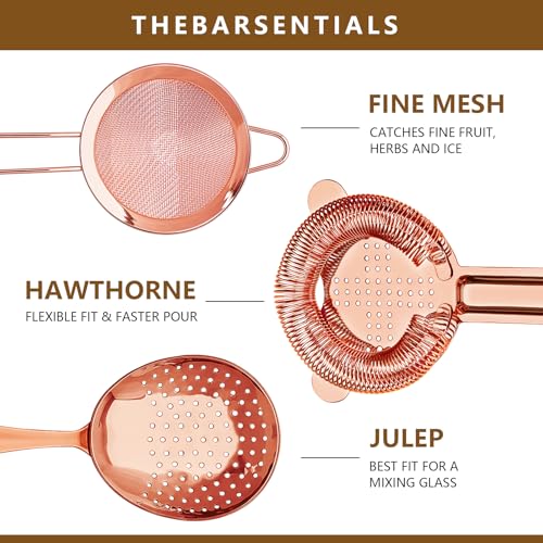 Cocktail Strainer-Stainless Steel Bar Tools Bartender Cocktail Strainer Set:Hawthorne Strainer,Julep Strainer and Conical Fine Mesh Strainer (Rose Gold) - color: Rose Gold