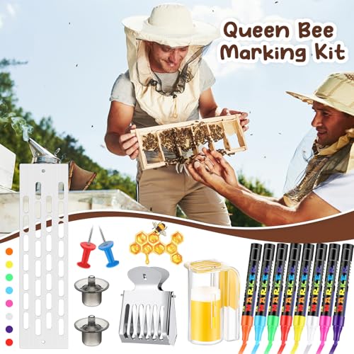 Qualirey 19 Pcs Queen Bee Marking Kit with Bee Marking Bottles Stainless Steel Queen Catcher Cage and Clips Marker Pens Beehive Entrance Gate Bees Cell Cups Push Pins for Beekeeping Supplies Tools