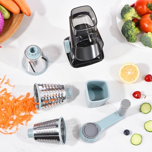 Rotary Cheese Grater with Handle Kitchen Shredder Slicer Grater Slicer Ice Shaver Cheese Vegetable Nuts Potato Zucchini Chocolate 3 Interchangeable Blades (GreyBlue - color: GreyBlue
