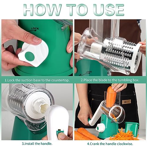 Cambom Rotary Cheese Grater Hand Crank Cheese Shredder for Fresh Cheese, Vegetable, Nuts,Non-slip Suction Base, Three Blades, Dark Green - color: Dark Green, size: 3 BLADES