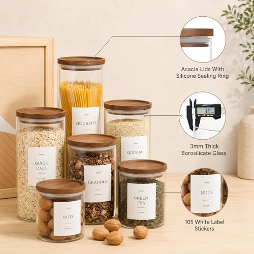 Set of 6 Glass Pantry Jars with Acacia Wood Lids, 32oz Airtight Pantry Storage Containers with 105 Labels, Glass Kitchen Canisters for Coffee, Tea, Sugar, Pasta - size: 32oz 6 Pack