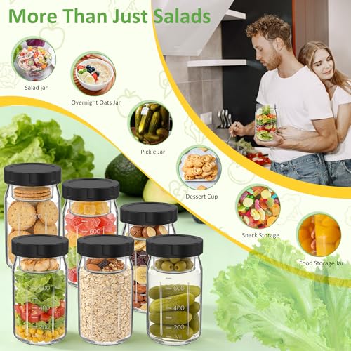 4Pack Glass Salad Jars with Lids, 32oz Salads Mason Jars with Wet/Dry Separation Cup, Meal Prep Salad Containers for Lunch, Leakproof Wide Mouth Food Storage Containers, BPA-Free Reusable (Black) - color: Black