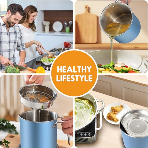 Chihee Grease Container Stainless Steel 2L / 67.6 fl oz Fine Mesh Strainer | Easy to Clean Large Spout Bacon Grease Saver Cooking Oil Keeper Stoarge Can with Dust-proof Lid Non-slip Tray Kitchen Frying - color: Azure(2L)