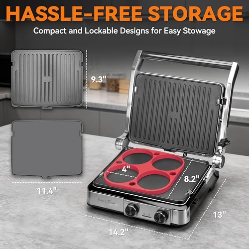 Baker's Friend 4-slice Panini Press Grill Cheese Sandwich Maker, Electric Grill Indoor with Temperature Setting, Opens 180 Degrees, Dual Non-stick Surfaces, 4-circle Silicone Mold, Reversible Plates - color: Silver