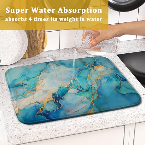 Marble Print Dish Drying Mat for Kitchen Counter,Blue Teal Turquoise Gold Drying Mat 16 x 18 Inch with Absorbent Reversible Microfiber Drying Pad for Coffee Bar - size: 16" x 18"