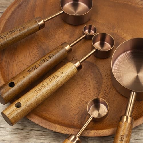 Measuring Cups and Spoons Set of 8, Stainless Steel Measuring Cup with Wooden Handle, Kitchen/Food/Liquid/Baking (Copper) - color: Copper