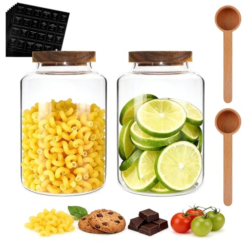 66oz Large Glass Storage Jar with Wooden Lids Spoons Labels Glass Coffee Ground Canister Borosilicate Glass Sugar Flour Container for Cookies Spice Rice Tea(2000ml/67oz-2 pack-with scoop) - color: 2000ml/67oz-2 pack-with scoop