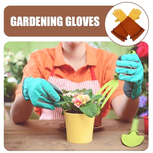 Hemoton Leather Gardening Gloves for Men Thorn Resistant with Long Sleeves, Gold Sheepskin Palm and Brown Cowhide Cuff, Size L, Protective Work Gloves for Beekeeping, Welding, and Outdoor