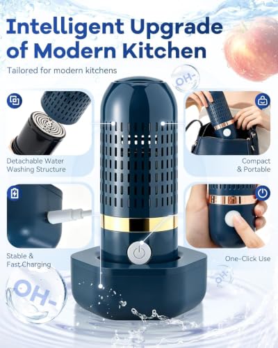 Produce Cleaner & Vegetable Cleaner with Oh-Ion Technology, Wireless Rechargeable Food Washer, IPX7 Waterproof 10-Min Auto Clean for Fruits Veggies Rice Meat Utensils