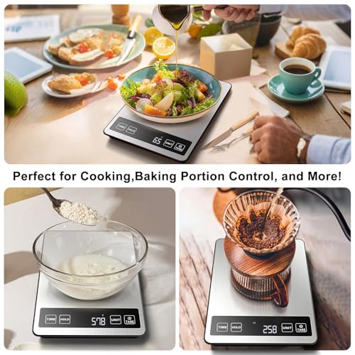 Fuzion Food Kitchen Scale 22lb/0.1oz - Food Scale 7 Units, Tare & Timer | Rechargeable, Tempered Glass+ Stainless Steel, Digital Kitchen Scale Grams and oz for Weight Loss, Cooking, Baking, Meal Prep - color: Silver Black