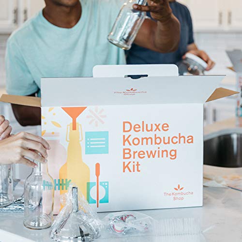 The Kombucha Shop, Deluxe Kombucha Brewing Kit with Tea to Make an Additional 10 Gallons - Six Swing Top Bottles, Stainless Steel Funnel, Custom Bottle Brush, 10 Gallon Tea & Our Original Brewing Kit