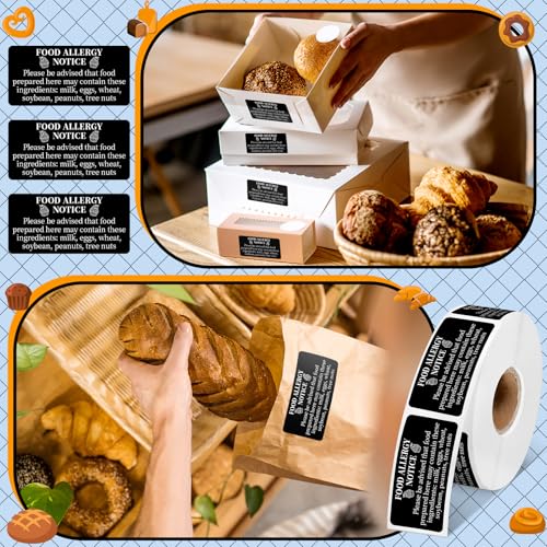 Gueevin 600 Count 1x2'' Food Allergy Warning Labels Allergies Restaurant Food Safety Self Adhesive Stickers Restaurant Removable Thermal Printed Labels for Kitchen (Black) - color: Black