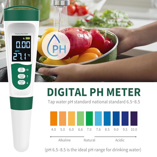 5-in-1 Digital PH Meter, with Voice Function, PH/TDS/EC/Temp/Salt Pool Salt Tester, Waterproof & Rechargeable Pen Meter for Swimming Pools, Fish Tank, Aquariums & Hydroponics