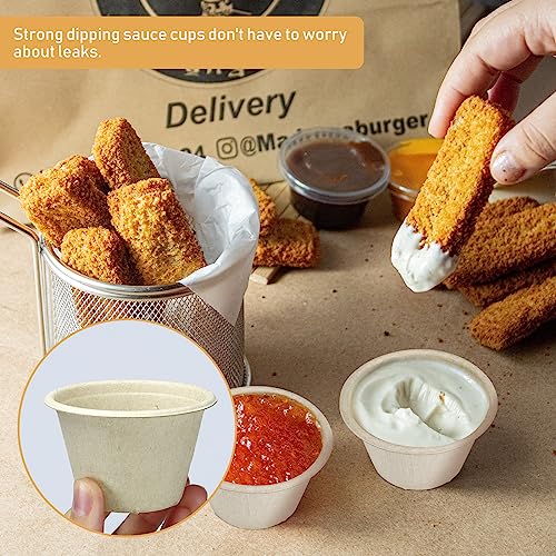 LeonBach 150 Pack 4oz Natural Bagasse Fiber Sauce Cups, Compostable Small Disposable Paper Dipping Bowls Biodegradable Condiment Portion Sample Snack Charcuterie Serving Tasting Cups - color: Brown, style: 4oz-150 Pack