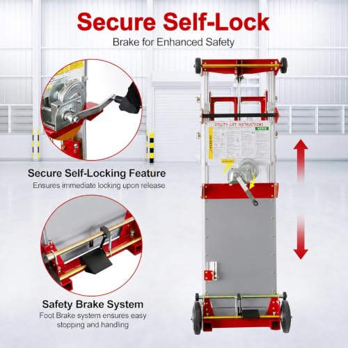 122" Material Lift Winch Stacker, 400 lbs Capacity Manual Material Lifts, Fixed Straddle Material Lifter, Hand Winch Lift Trucks for Warehouse, Factory, Lightweight, 34.60" L x 24.80" W, Red - color: Red