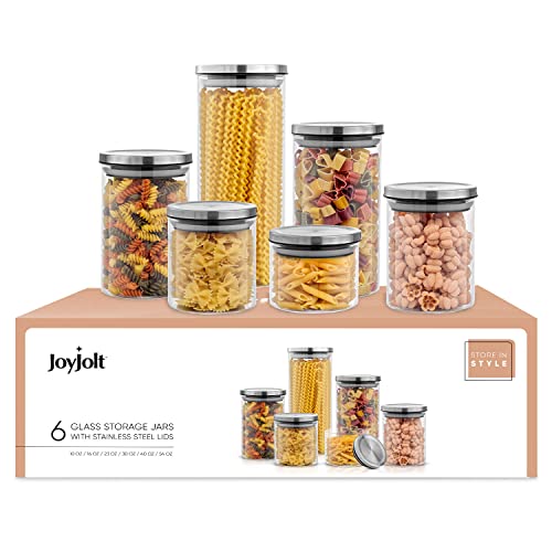 JoyJolt Kitchen Canister Set. 6 Glass Jars with Lids (Stainless Steel) Lids. Airtight Food Storage Containers for Pantry or Counter. Versatile Pantry Organization, Sugar Container or Cereal Canisters - style: Stainless Steel Covers
