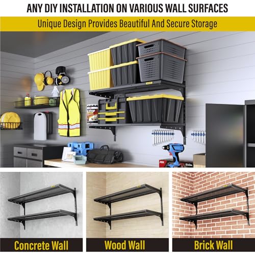 Aecxm 1pack×2 Tier 1.3x3ft Garage Shelving Wall Mounted, 400 lbs Load Capacity,15.6x36inch per Shelf Height Cassette Adjustable Floating Shelves, Black - color: Black, size: 2pack-1.3x3ft