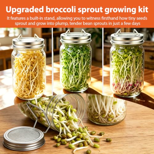 Sprouting Jars Kit, 2 Wide Mouth Mason Jars with 316 Stainless Steel Lids | Complete Kit with 4 Mesh Screens, 2 Light-Blocking Sleeves, Drip Tray and Cleaning Sponge for Fresh Sprouts & Microgreens