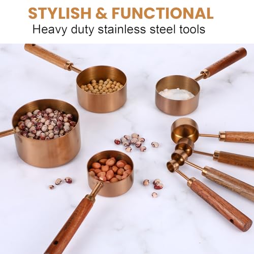 8-Piece Stainless Steel Measuring Cups and Spoons Set - Rose Gold Baking Measuring Cups and Spoons Set with Wooden Handles for Cooking & Baking (US & Metric Measurements)