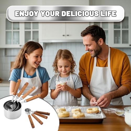 Measuring Cups and Spoons Set,Premium Stainless Steel Measuring Cups and Spoons Set with Wood Handle, 8-Pieces Kitchen Essentials for Baking, Coffee with Ergonomic Grip & Engraved Markings(Silver8) - color: Silver8