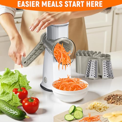 Rotary Cheese Grater Hand Crank with 5 Interchangeable Blades, Vegetable Slicer Chopper for Fruit Vegetable Nuts, Mandoline Slicer for Kitchen with Blades Rack & Suction Base, White - color: White