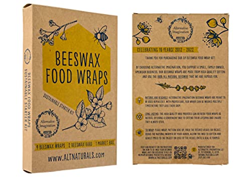 7 Pc Beeswax Wraps for Food Snacks, Sandwich, Bread - Reusable Eco Friendly Kitchen Storage and Zero Waste - 4 Wraps, 2 Beeswax Bars and Cotton Mesh Market Bag - Alternative Imagination