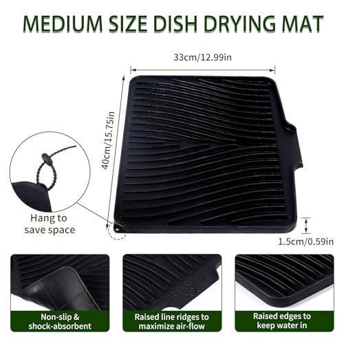 Silicone Dish Drying Mat 16x13,Food-Grade Silicone,Easy Clean Pad for Countertop Protection,Heat Resistant,Easy Clean,Non-Slip Drain Pad with Built-in Drain,Multi-Functional Use,Black - color: Black, size: 16" x 13"