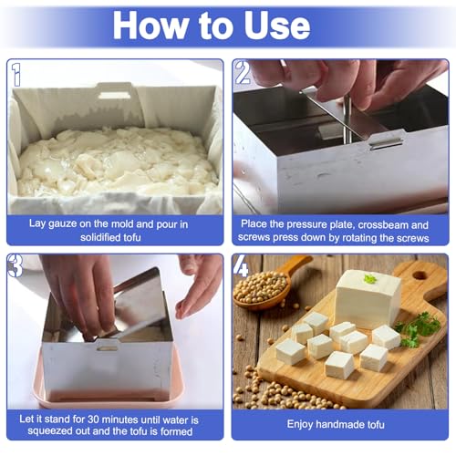 Tofu Press Stainless Steel, SUS304 Paneer Maker with Presser Towel and Drip Tray, Fast Water Removal Enhanced Texture & Flavor,Tofu Maker for 2 Pounds Firm Tofu, Cheese, Paneer