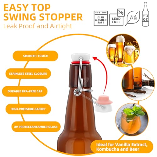 2Pcs Amber Beer Bottles with Flip Caps, 12oz Glass Bottle with Swinging Top for Airtight Lids, Home Brewing and Fermentation Kombucha, Vanilla Extract, Beverage, Water, Kefir