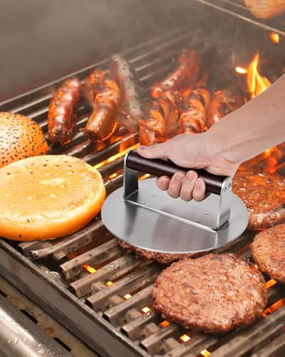 Brigii 8.5" Stainless Steel Smash Burger Press, Heavy Duty Burger Smasher for Crispy Smash Burgers, Round Grill Press for Griddle and Grill, Dishwasher Safe - size: 8.5"