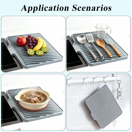Silicone Dish Drying Mat for Kitchen Counter,16"X13" With Built-in Drain Lip,Food-Grade Silicone, Heat-Resistant Eco-friendly Hygienic Drying Mat Leak-Proof and Non-Slip, Multi-Functional Use(Gray) - color: Gray, size: 16" x 13"