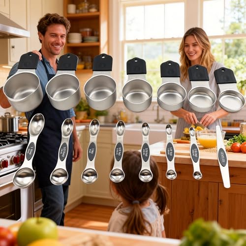 15 PCS Magnetic Measuring Spoons and Cups Set, 304 Stainless Steel Measuring Set for Baking, Stackable and Easy Storage Measuring Tools (Black) - color: Black