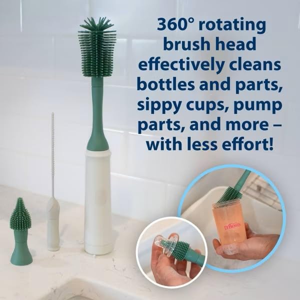 Dr. Brown's Electric Silicone Brush Set | Spinning Handle, 3 Brushes to Clean Baby Bottles, Spouts, Nipples, and Straws, BPA-Free