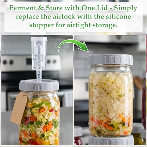Mifoci 4 Pack Mason Jar Fermentation Kit 32 oz Wide Mouth Glass Fermenting Jars with Rust-free Airtight Lids, Glass Weights & Dual-channel Airlocks All-in-one Set for Kimchi Sauerkraut Pickles