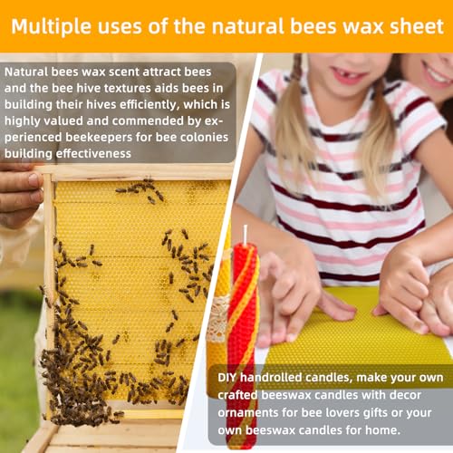 Lacaser Beeswax Sheets for Candle Making Kit, 20 Pcs 8"x16" Pure Bees Wax Made Sheets Equals to 40pcs 8"x8" Beeswax Sheets, Include Bee Ornaments,Cotton Candle Wicks for Bulk Candle Making - color: Natural (8x16)