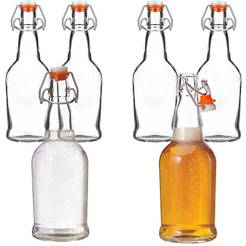 Clear Glass Bottles for Beer With Swing Top Lids - 6 Pack 16 Oz – Home Brewing Grolsch Glass Bottles with Caps – Airtight Rubber Silicone Lid for Kombucha, Homemade Dressing & More by Kitchen Lux