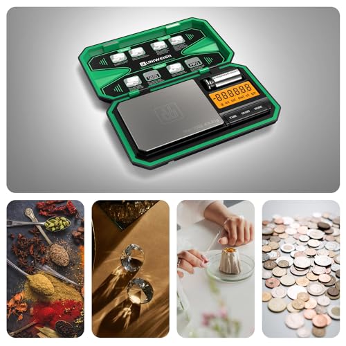 UNIWEIGH Digital Pocket Scale Precision 200g/0.01g Scale Grams Ounces | Mini Jewelry Scale, Coins Scale with 50g Cal Weights for Gold/Silver/Gems/Food,(Battery Included)-Green - color: Green
